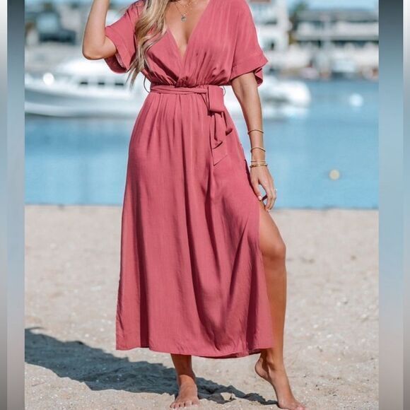Cupshe Mauve Pink Surplice Ruched‎ Maxi Draped Wrap tie Waist Dress XL RefCPS062 - Picture 1 of 10